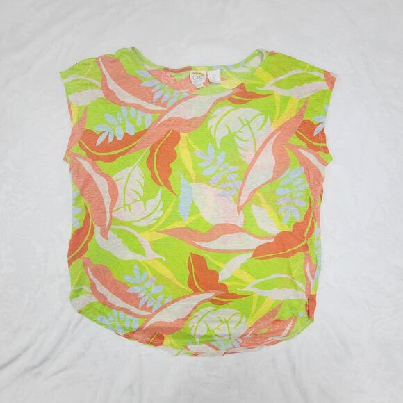 C&C California Tops - C&C California Linen Top Large Tropical Print Neon Green Summer Vacation Blouse